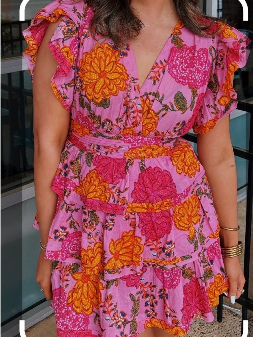Floral Tiered Wrap Dress in Pink and Orange